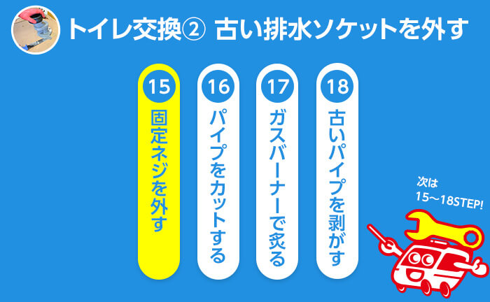 トイレ交換のステップ15 固定ネジを外す